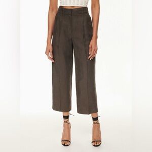 🤎Aritzia Wilfred The Effortless Pant Brown Linen Blend Cropped Wide Leg Sz 0 XXS
